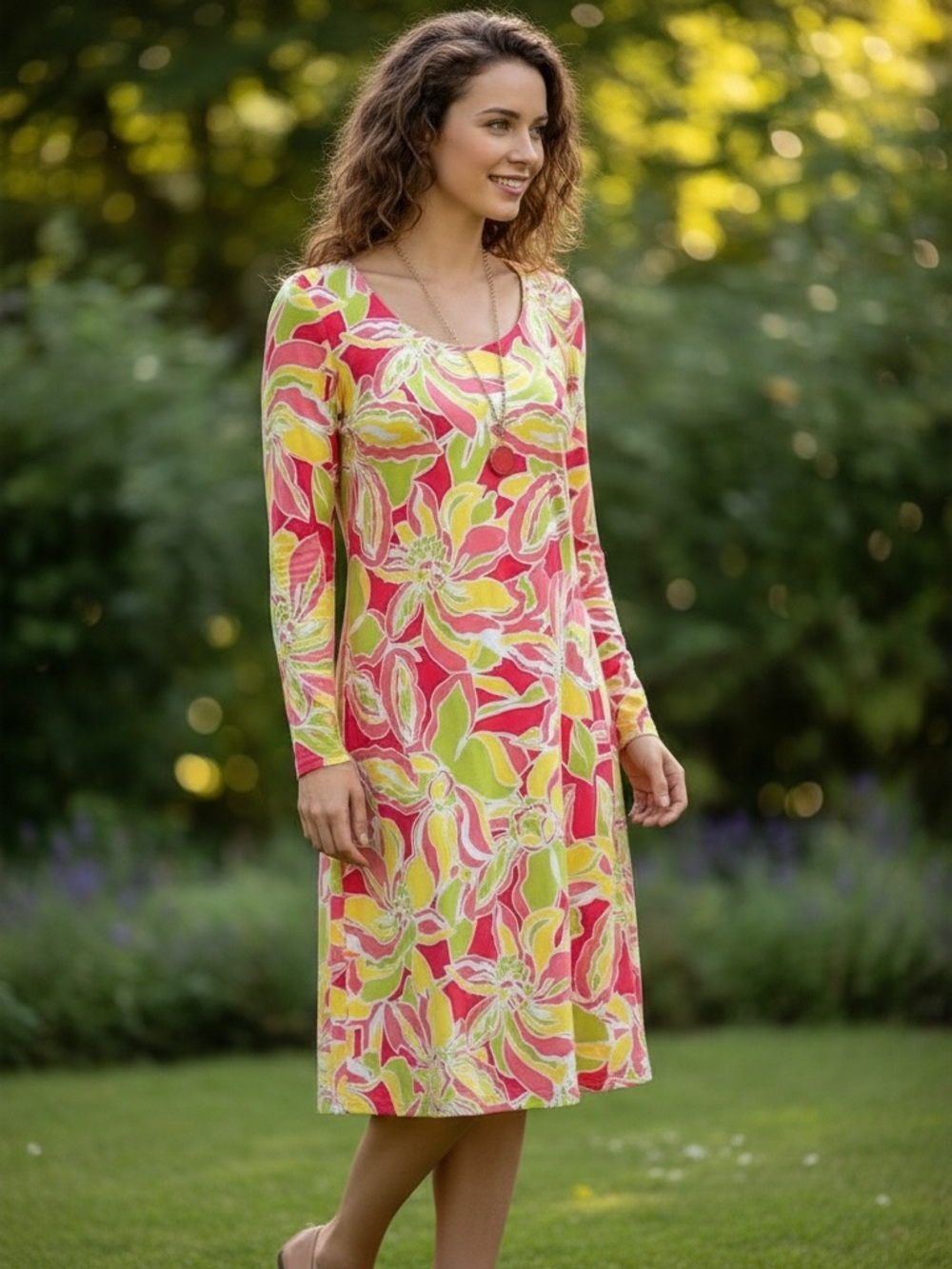 Cappagallo Ladies Tropical Floral Shift Dress w/Necklace Sz S EUC
